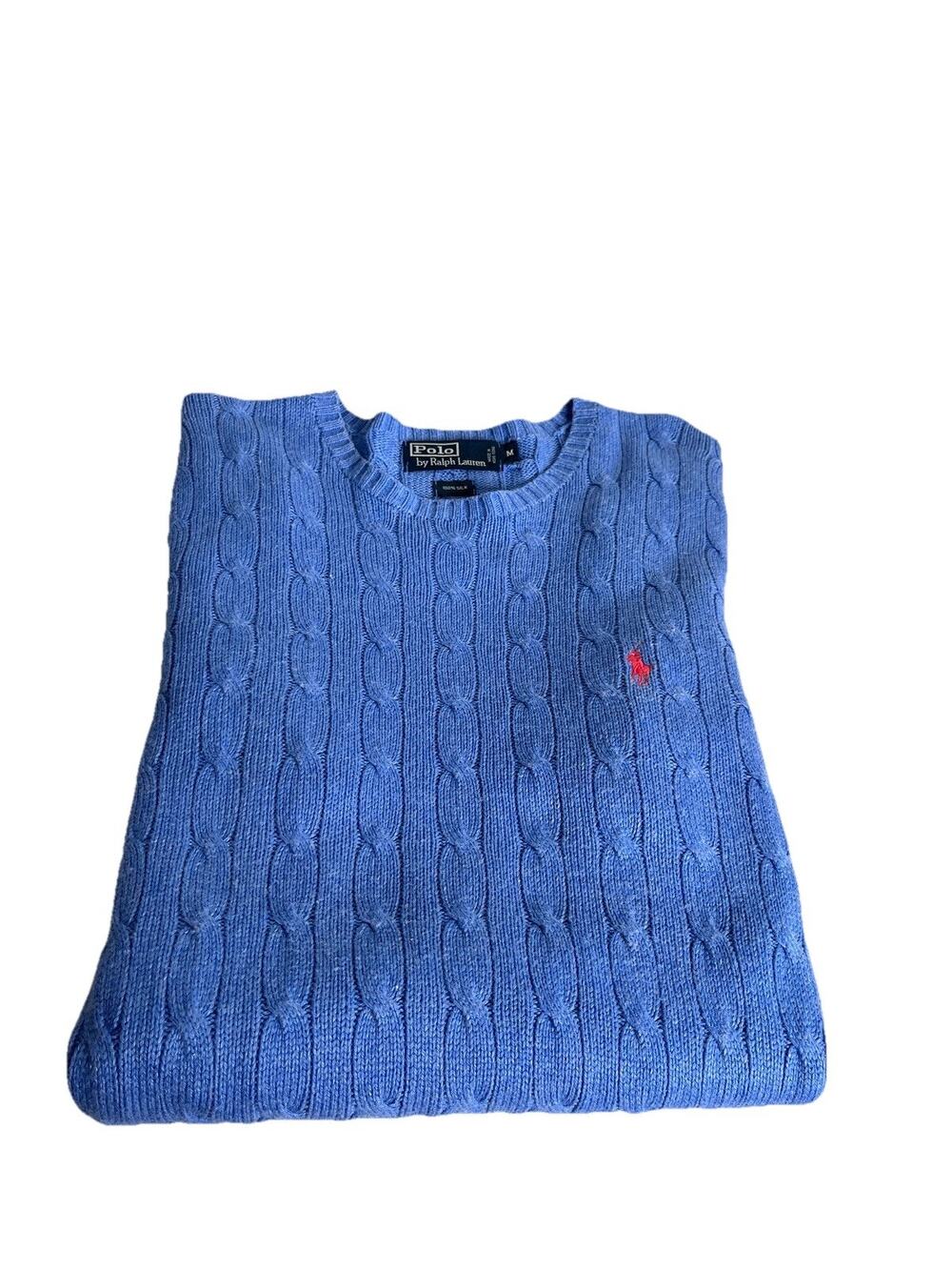 Vintage Polo Ralph Lauren 100% Silk Cable Knit Sweater Mens Medium Light Blue